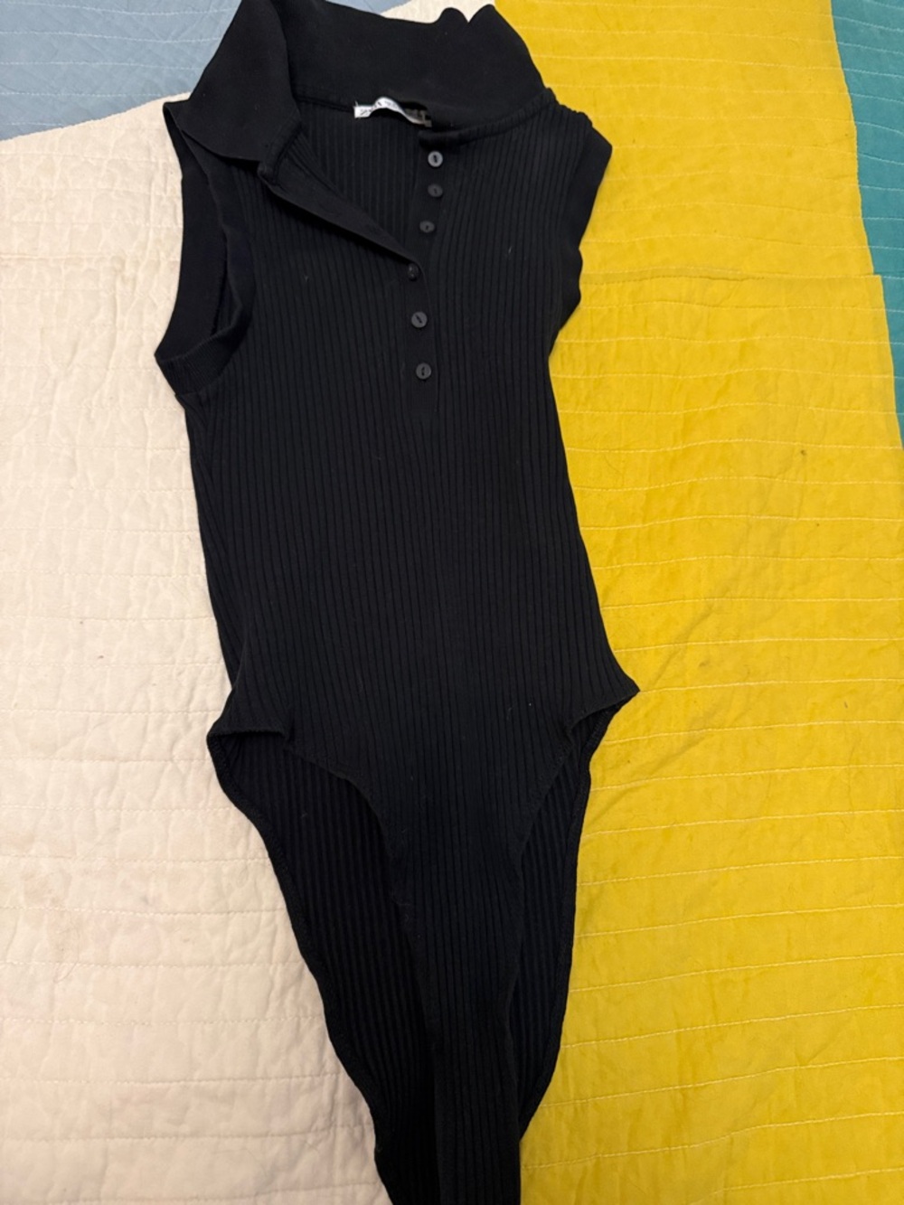 Zara Black Ribbed Sleeveless Polo Bodysuit
